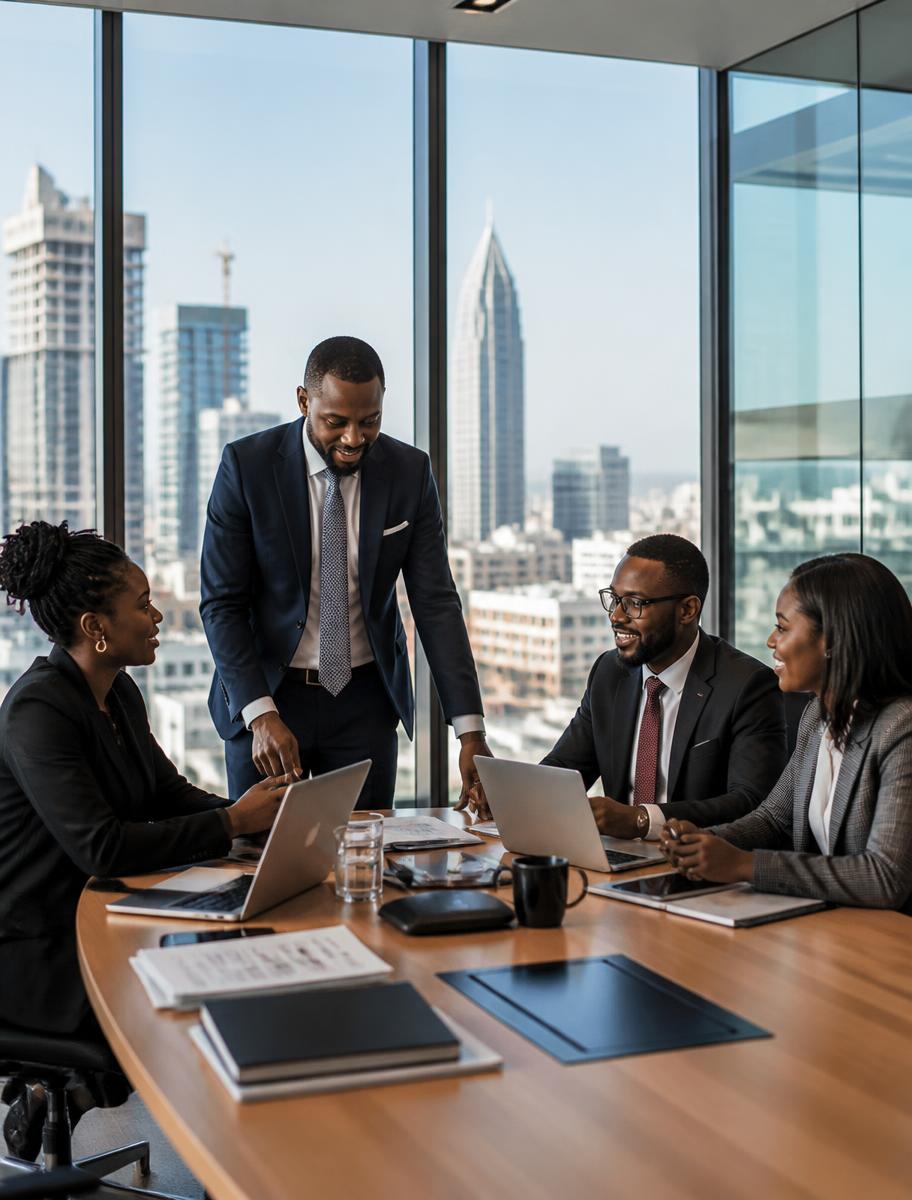 Financial services team meeting in a modern high-rise boardroom