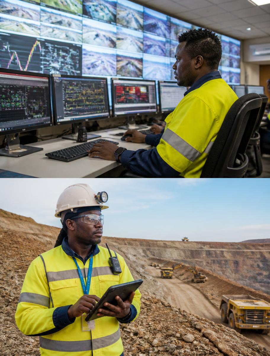 Mining engineer reviewing site data on a tablet at an open pit operation