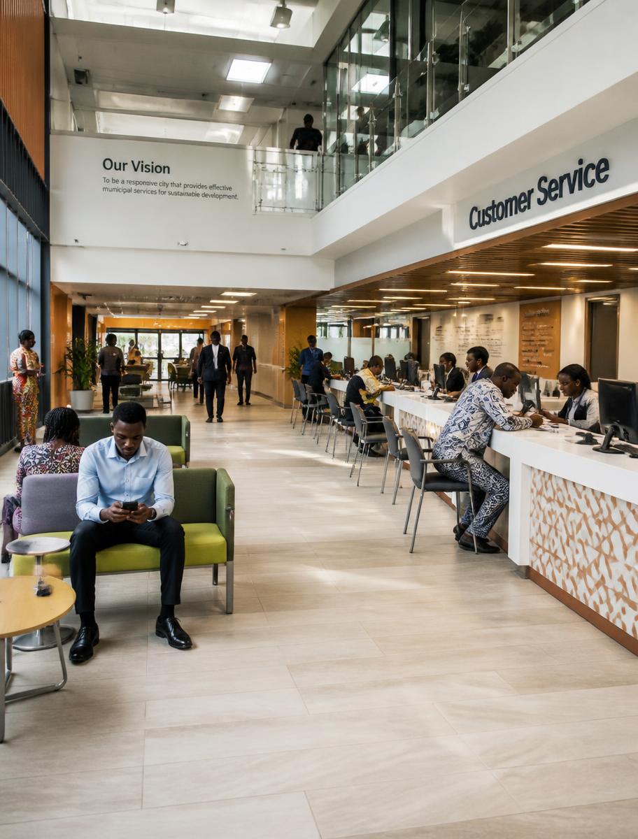 Citizens being assisted at a modern municipal customer service centre