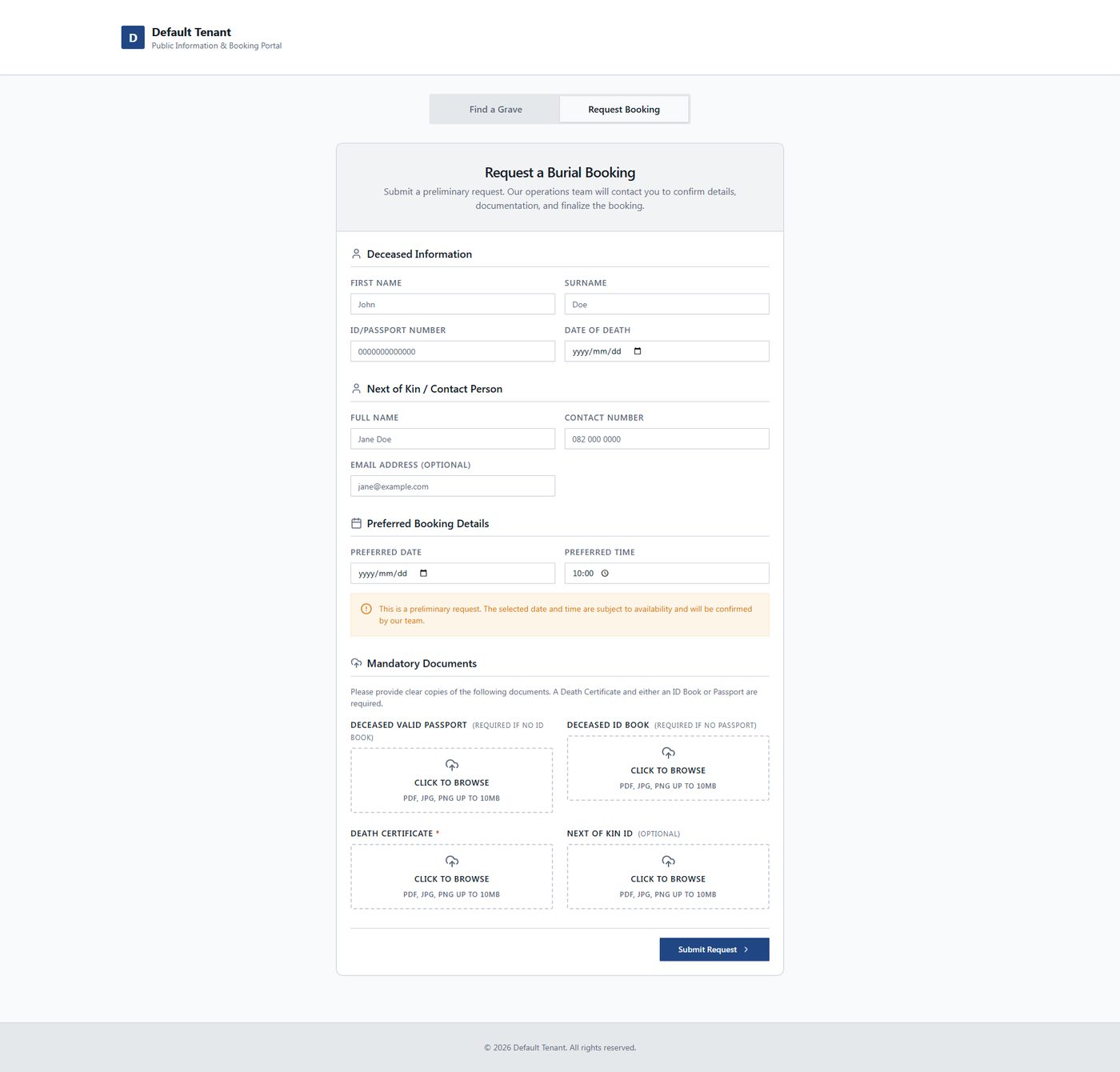 LupinCEM burial booking request form with deceased details and required documents