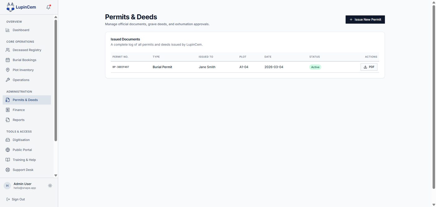 LupinCEM permits and deeds screen listing issued burial documents