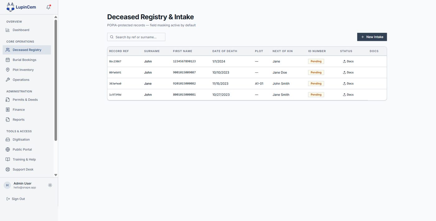 LupinCEM deceased registry listing records with plot and status