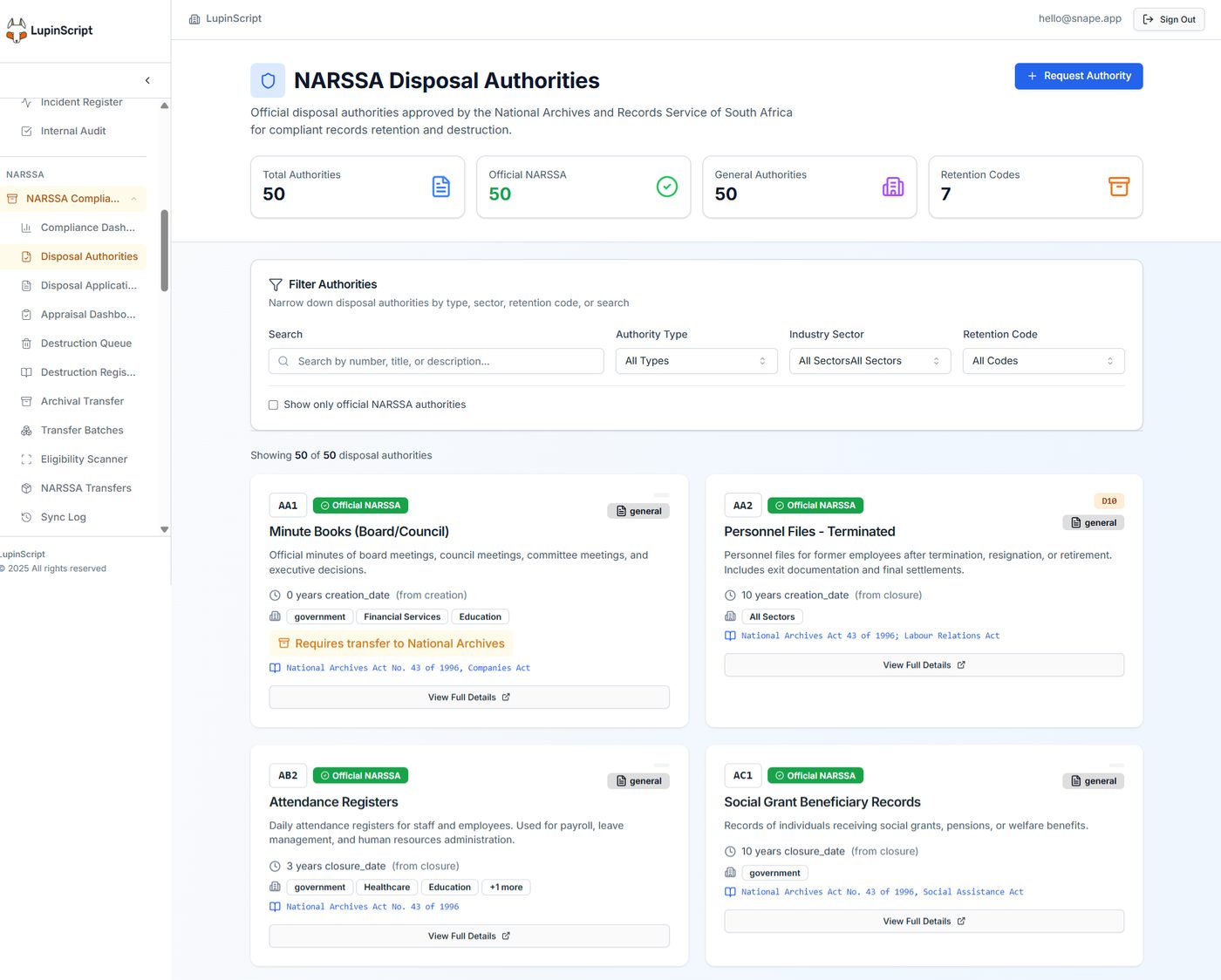 LupinScript disposal authorities directory with retention codes and filters