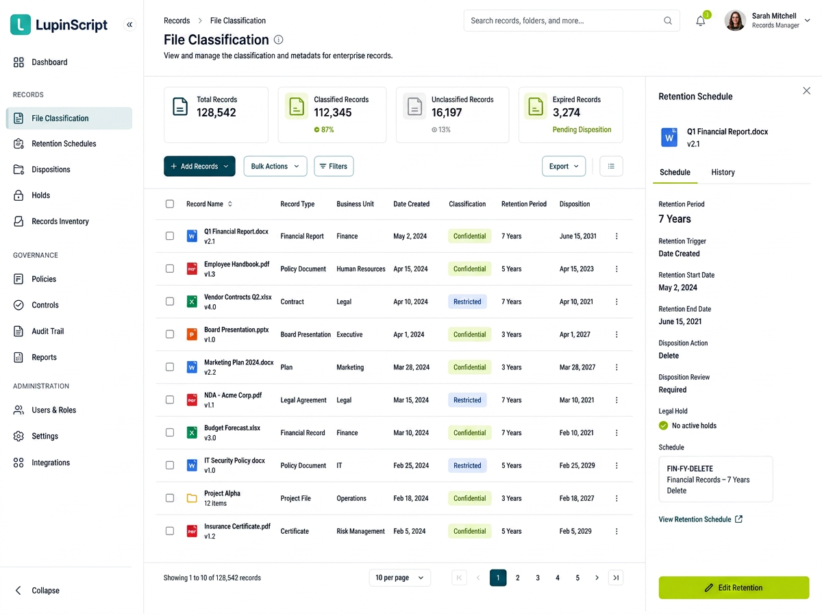 LupinScript file classification screen with retention schedule panel
