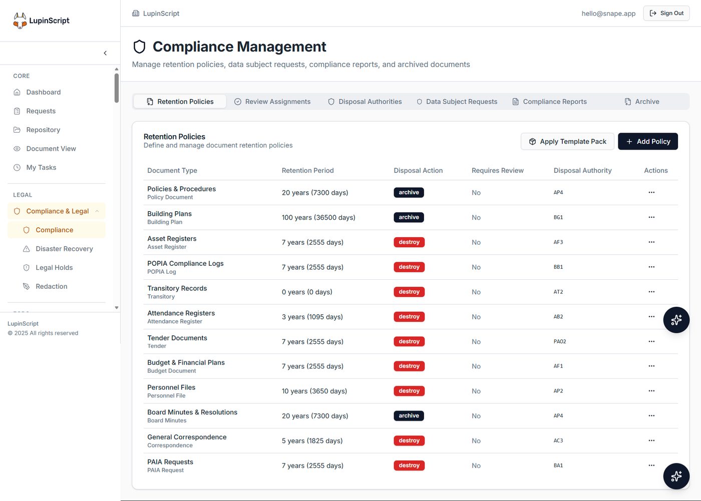 LupinScript compliance management screen listing retention policies per document type