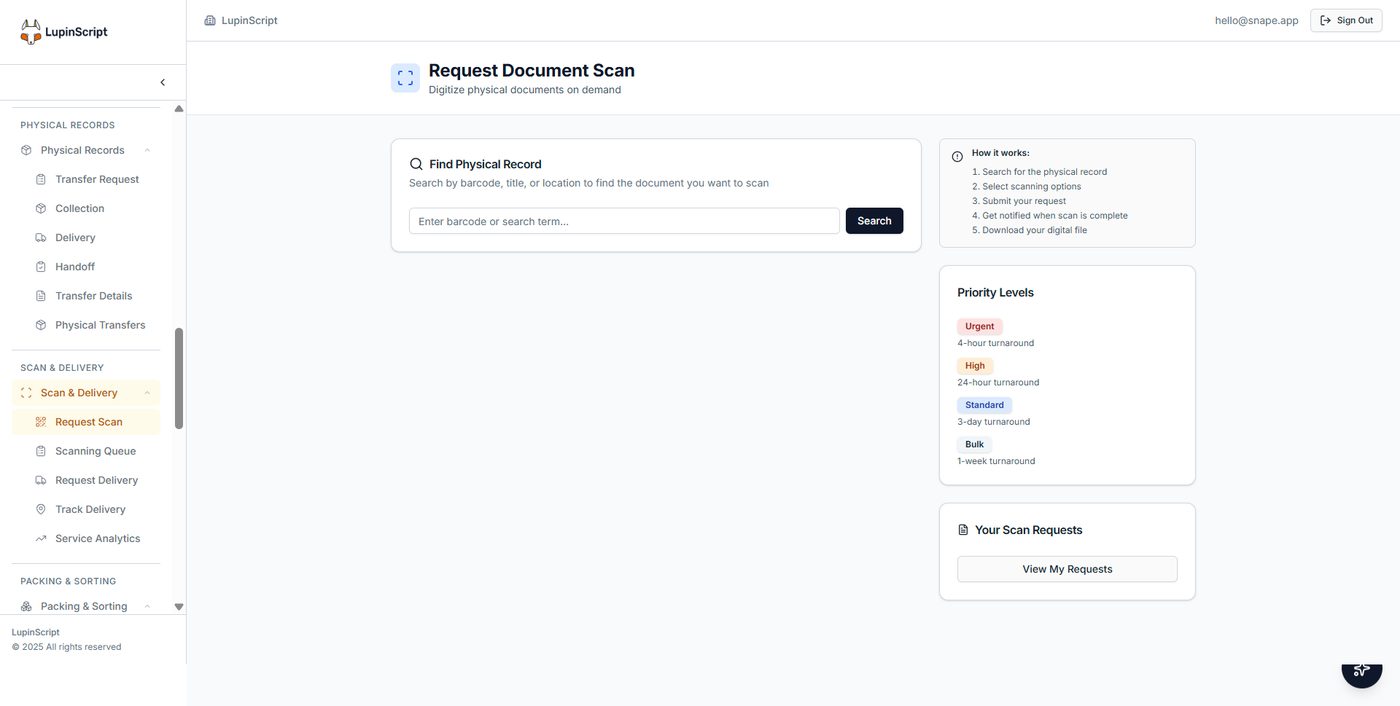 LupinScript document scan request screen with priority levels