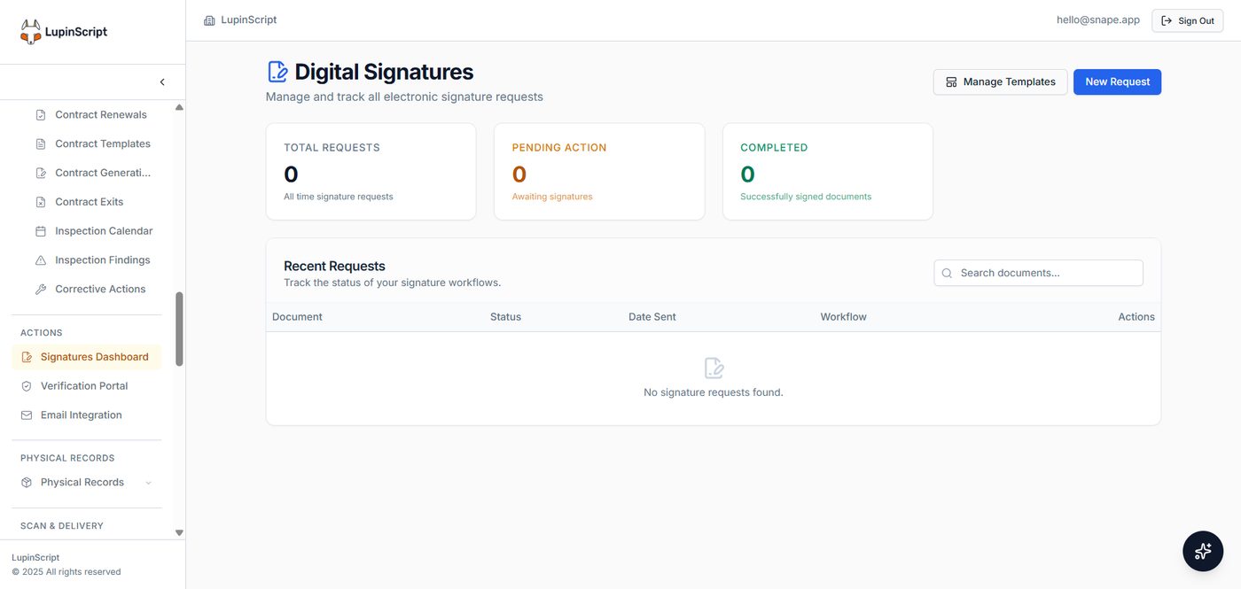 LupinScript digital signatures dashboard tracking requests and completions