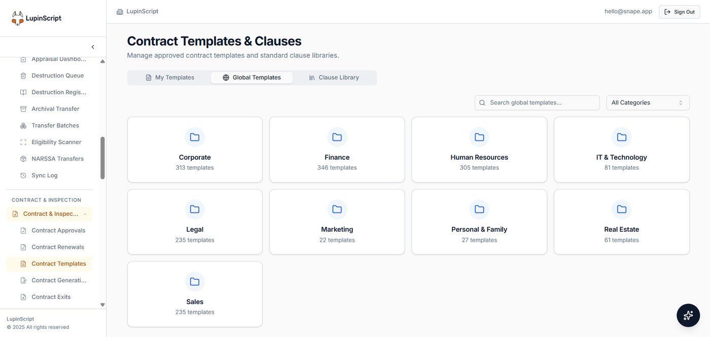 LupinScript contract templates and clause library organised by department