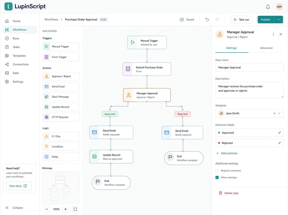LupinScript workflow builder showing a purchase order approval flow
