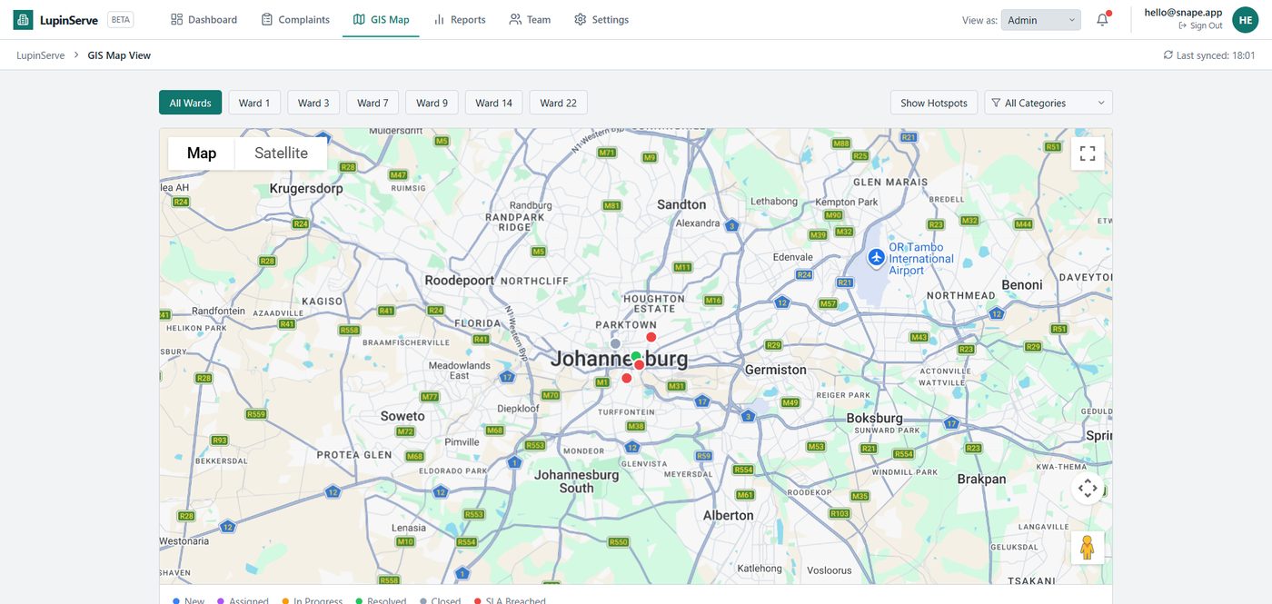 LupinServe map of service requests across Johannesburg