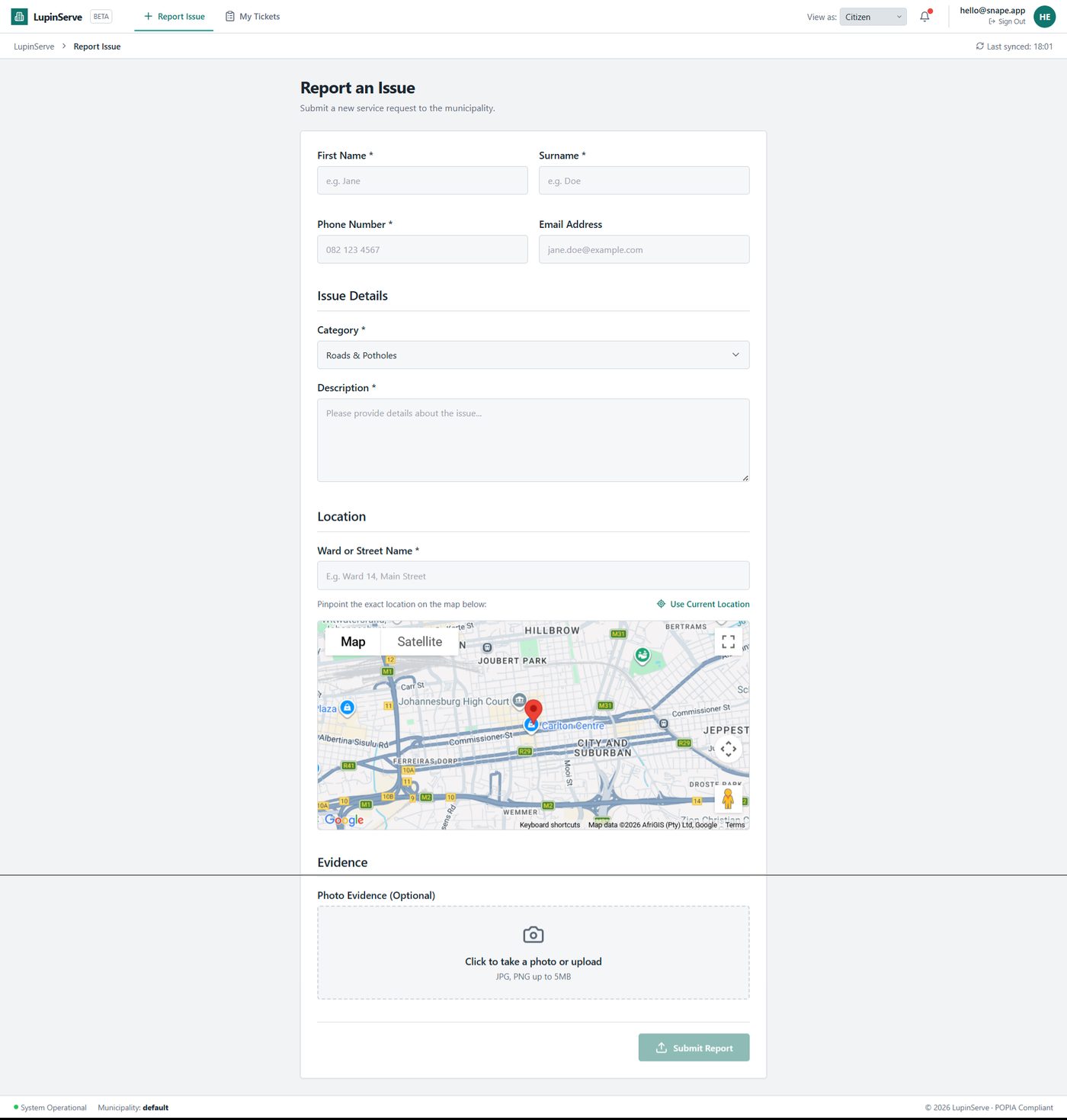 LupinServe public report-an-issue form with map location and evidence upload